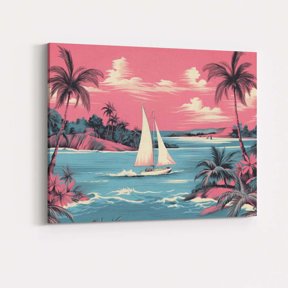 Retro Tropical Sailboat Coastal Lagoon Sunset Landscape Canvas Wall Art Print Decor Picture Ready to Hang