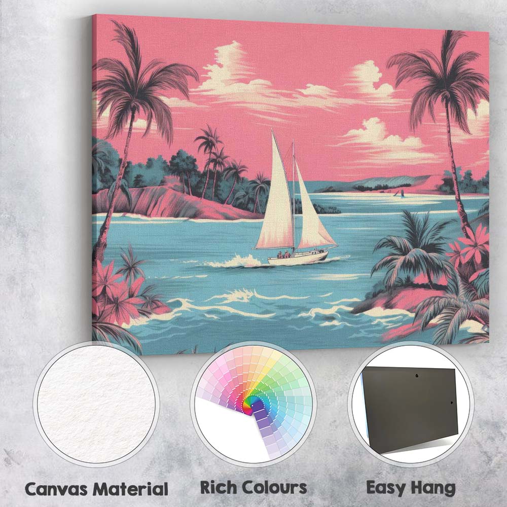 Retro Tropical Sailboat Coastal Lagoon Sunset Landscape Canvas Wall Art Print Decor Picture Ready to Hang