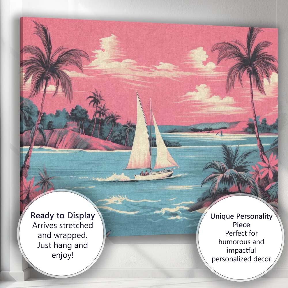 Retro Tropical Sailboat Coastal Lagoon Sunset Landscape Canvas Wall Art Print Decor Picture Ready to Hang