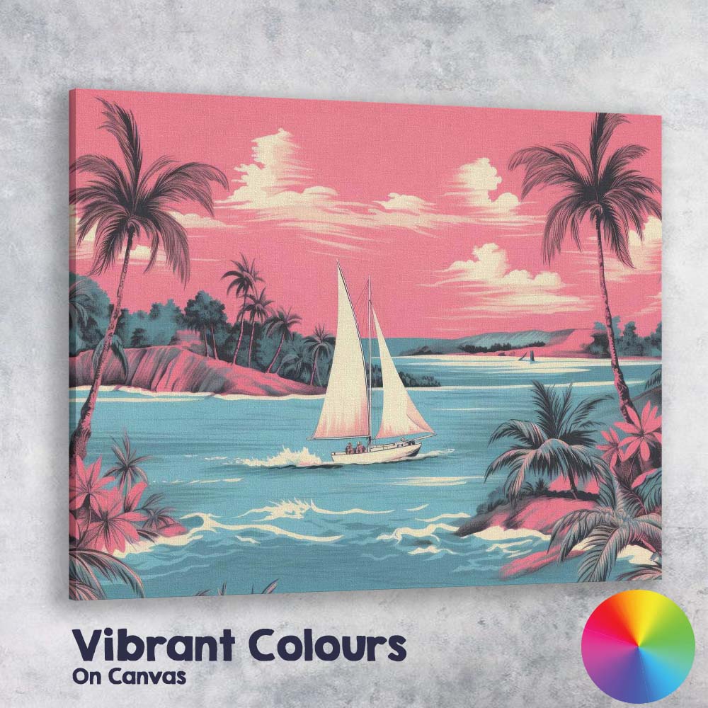 Retro Tropical Sailboat Coastal Lagoon Sunset Landscape Canvas Wall Art Print Decor Picture Ready to Hang