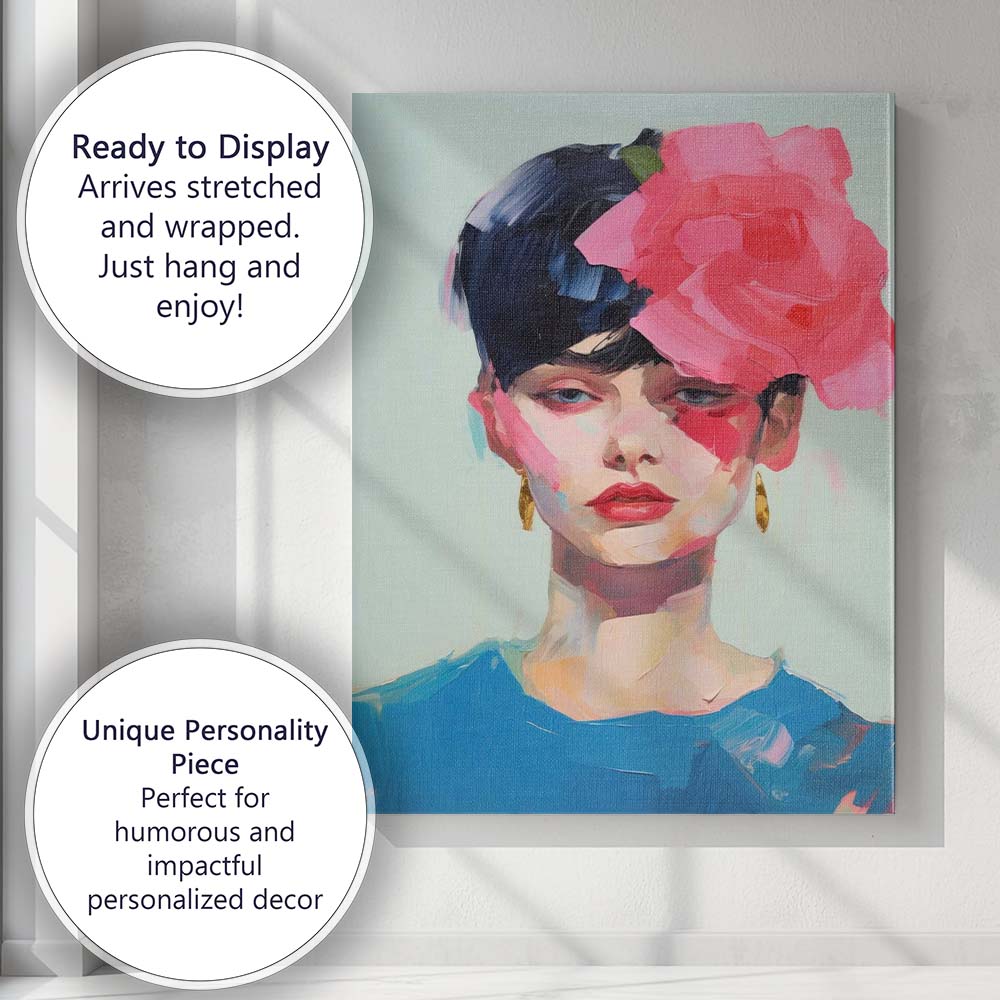 Contemporary Floral Fashion Portrait Woman With Pink Rose Canvas Wall Art Print Decor Picture Ready to Hang