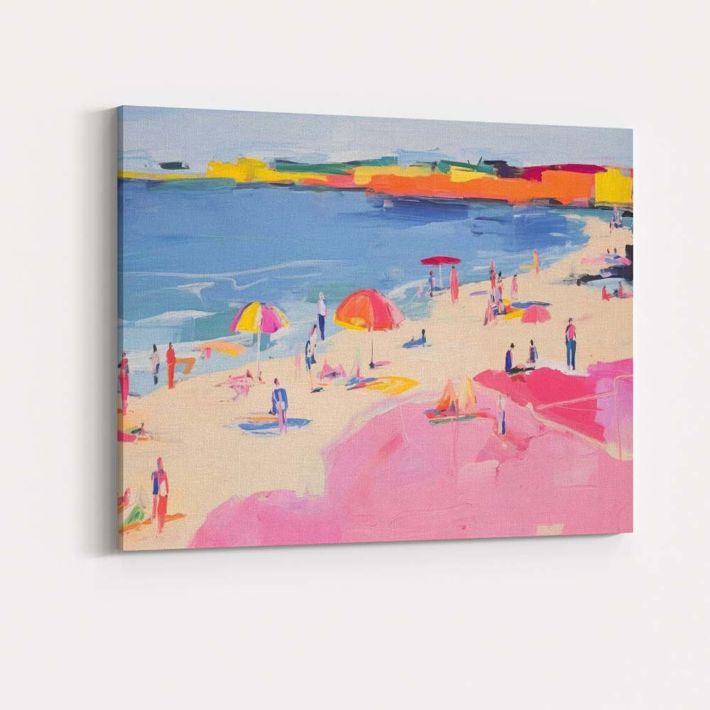 Colourful Impressionist Summer Beach Umbrellas Seaside Painting Canvas Wall Art Print Decor Picture Ready to Hang