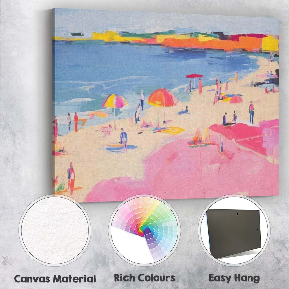 Colourful Impressionist Summer Beach Umbrellas Seaside Painting Canvas Wall Art Print Decor Picture Ready to Hang