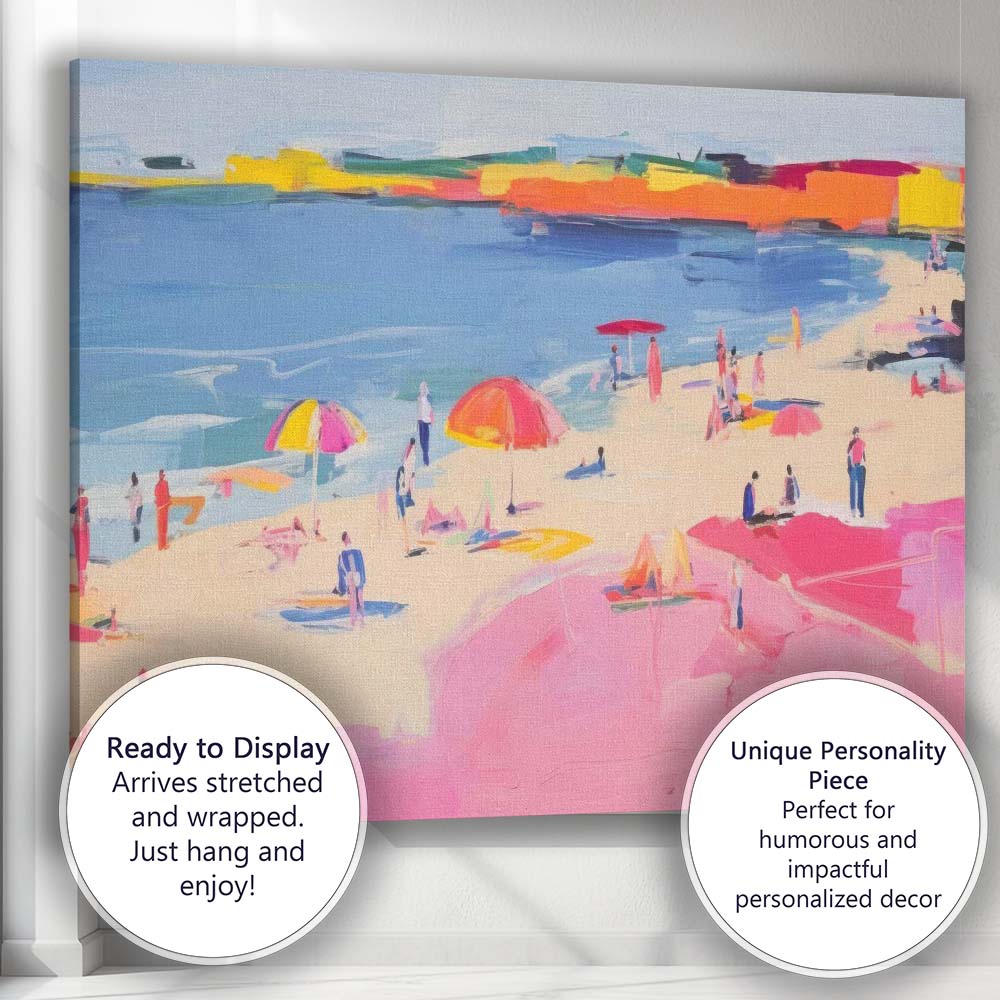 Colourful Impressionist Summer Beach Umbrellas Seaside Painting Canvas Wall Art Print Decor Picture Ready to Hang
