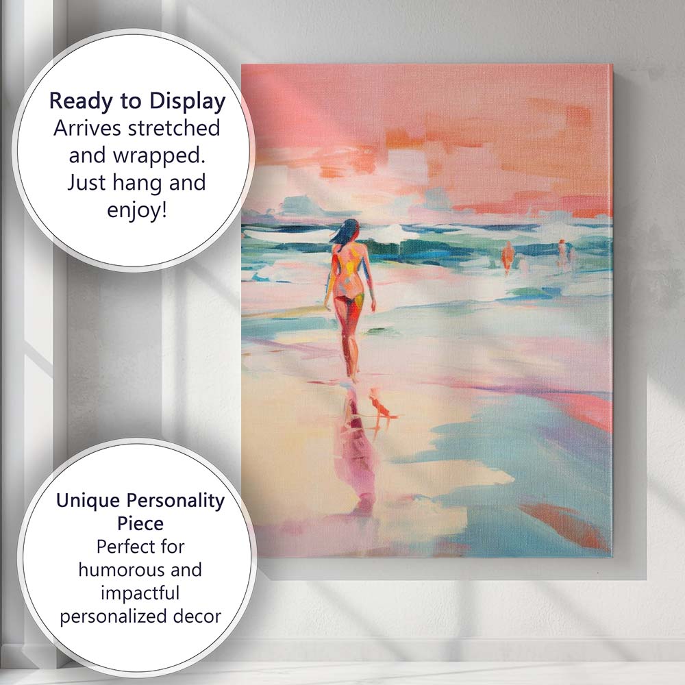 Pastel Coastal Beach Walk Abstract Seascape Figure Painting Canvas Wall Art Print Decor Picture Ready to Hang