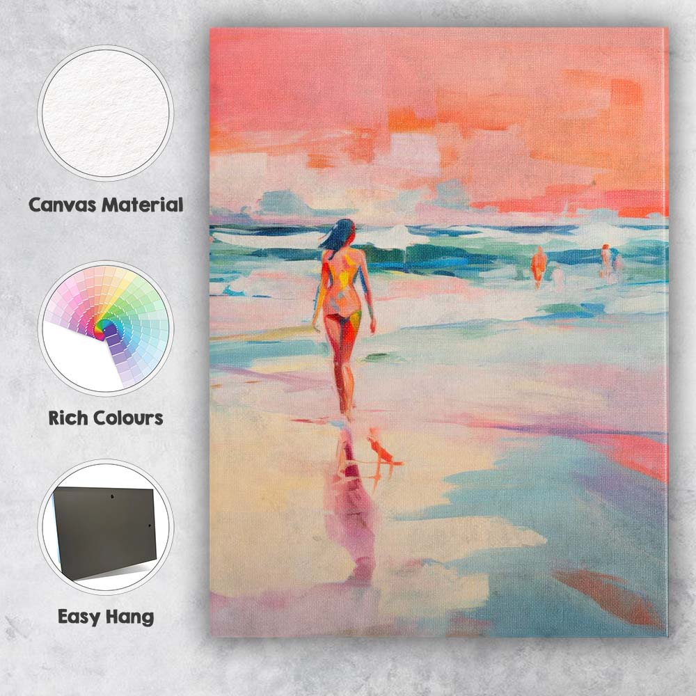 Pastel Coastal Beach Walk Abstract Seascape Figure Painting Canvas Wall Art Print Decor Picture Ready to Hang