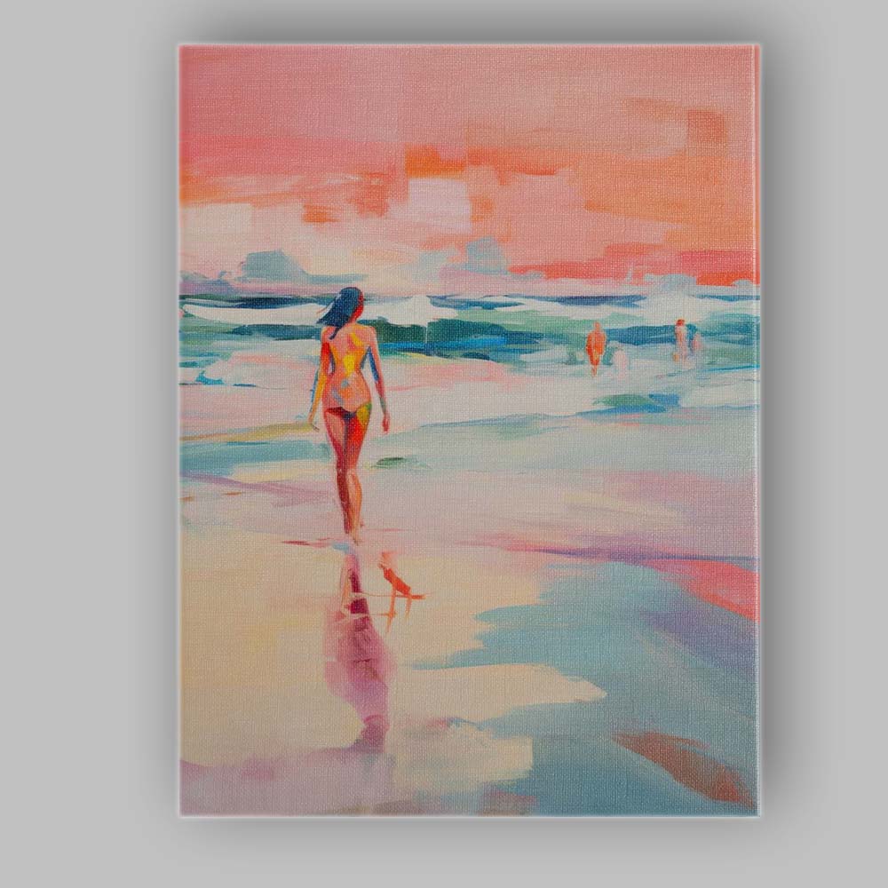 Pastel Coastal Beach Walk Abstract Seascape Figure Painting Canvas Wall Art Print Decor Picture Ready to Hang