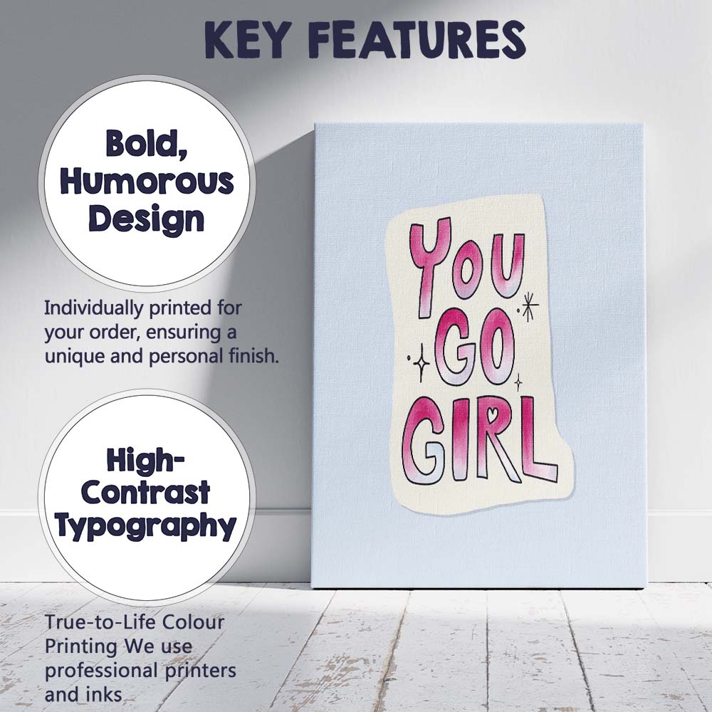 Pink Watercolour You Go Girl Inspirational Typography Canvas Wall Art Print Decor Picture Ready to Hang