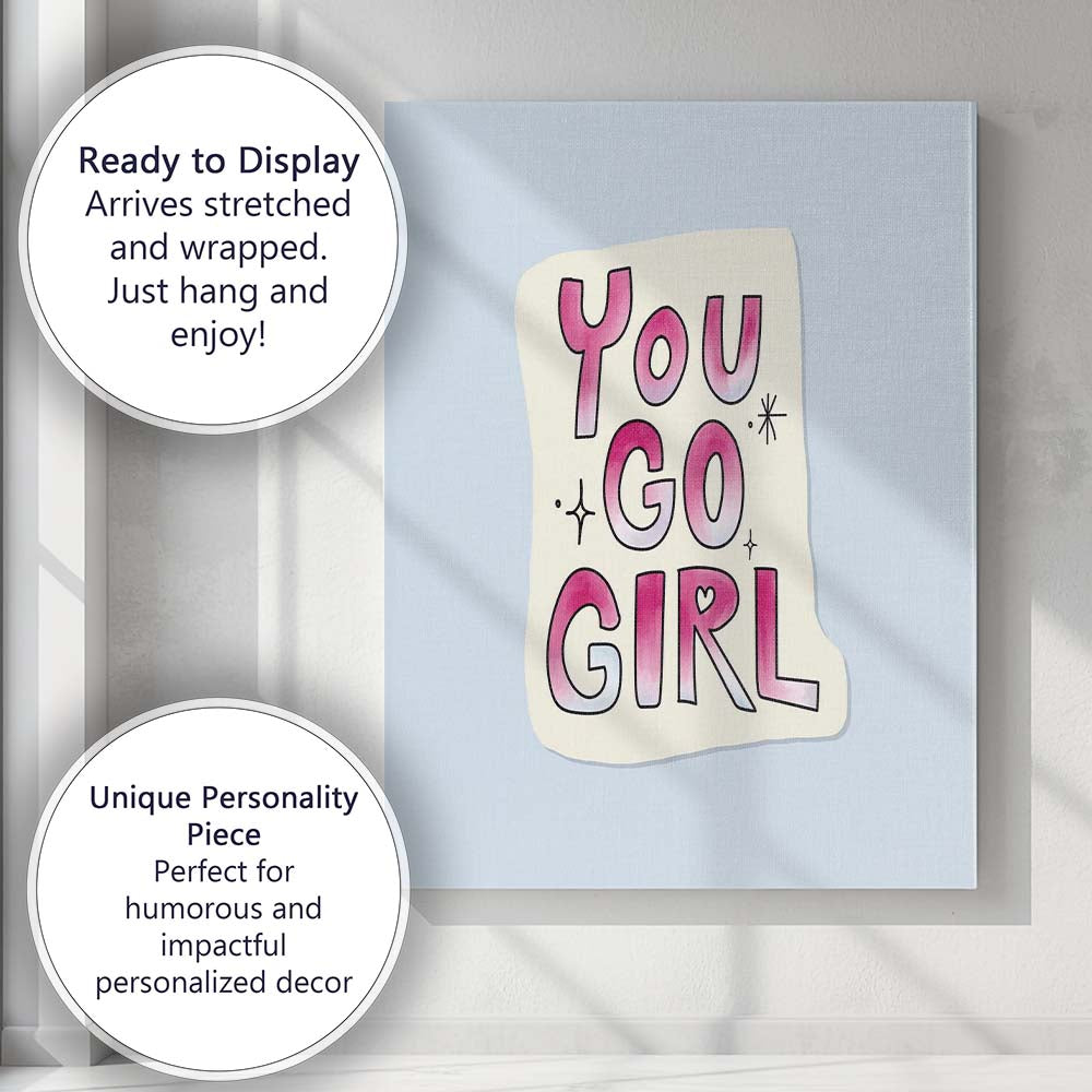 Pink Watercolour You Go Girl Inspirational Typography Canvas Wall Art Print Decor Picture Ready to Hang
