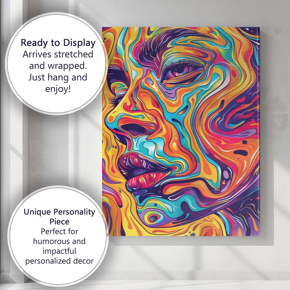 Psychedelic Abstract Female Face Colourful Fluid Line Art Canvas Wall Art Print Decor Picture Ready to Hang