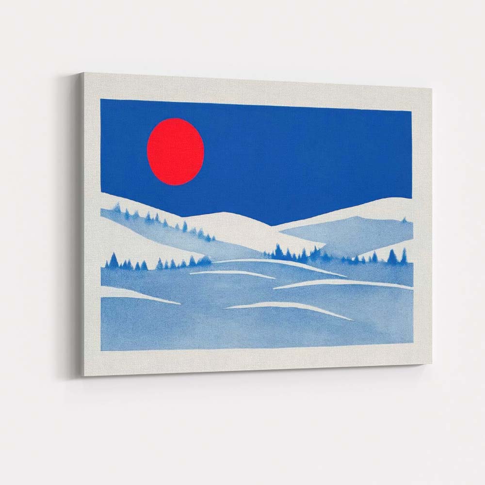 Minimalist Blue Winter Landscape Red Sun Scandinavian Style Canvas Wall Art Print Decor Picture Ready to Hang