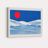 Minimalist Blue Winter Landscape Red Sun Scandinavian Style Canvas Wall Art Print Decor Picture Ready to Hang