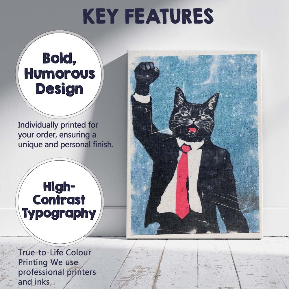 Funny Business Cat Raising Fist Pop Art Illustration Canvas Wall Art Print Decor Picture Ready to Hang