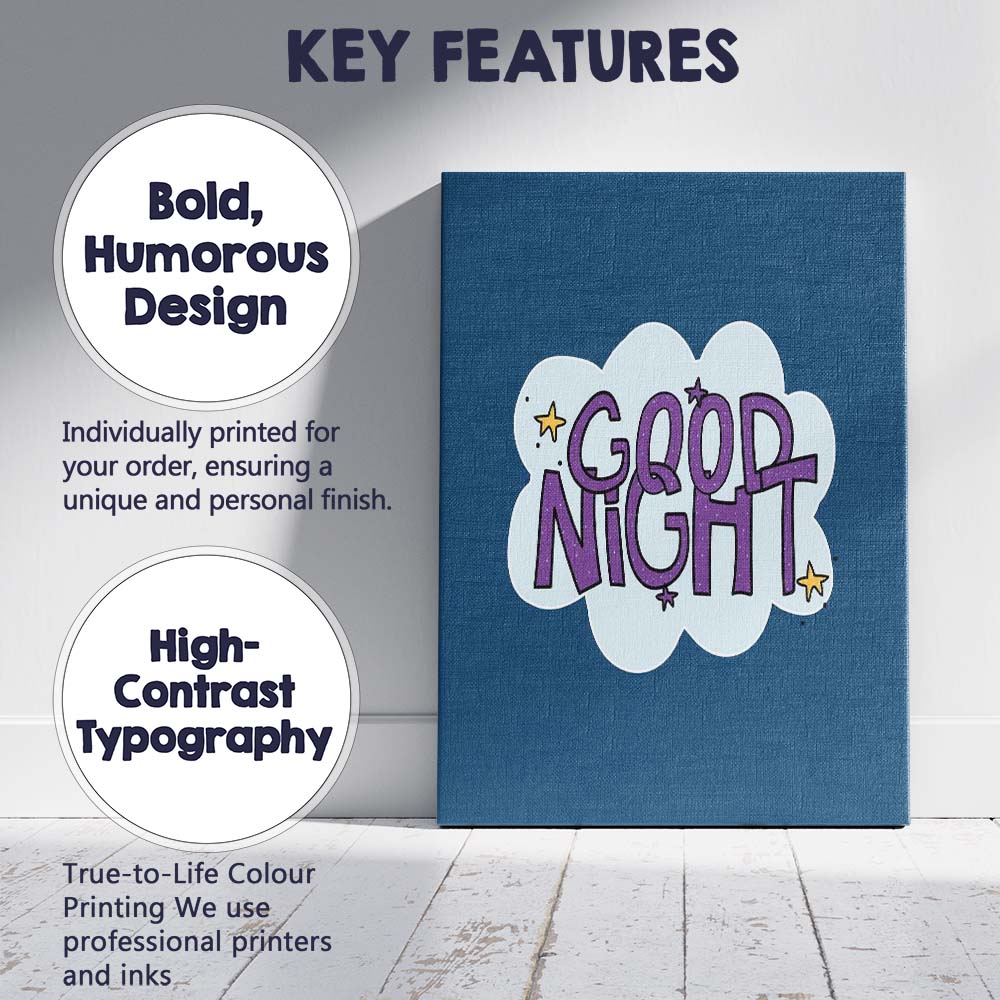 Good Night Cute Hand Lettering Typography Stars Cloud Illustration Canvas Wall Art Print Decor Picture Ready to Hang