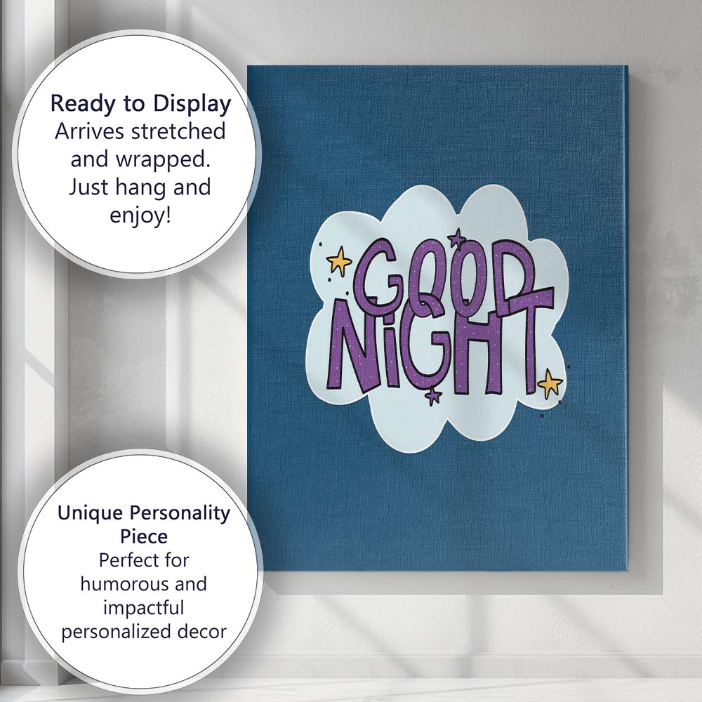 Good Night Cute Hand Lettering Typography Stars Cloud Illustration Canvas Wall Art Print Decor Picture Ready to Hang