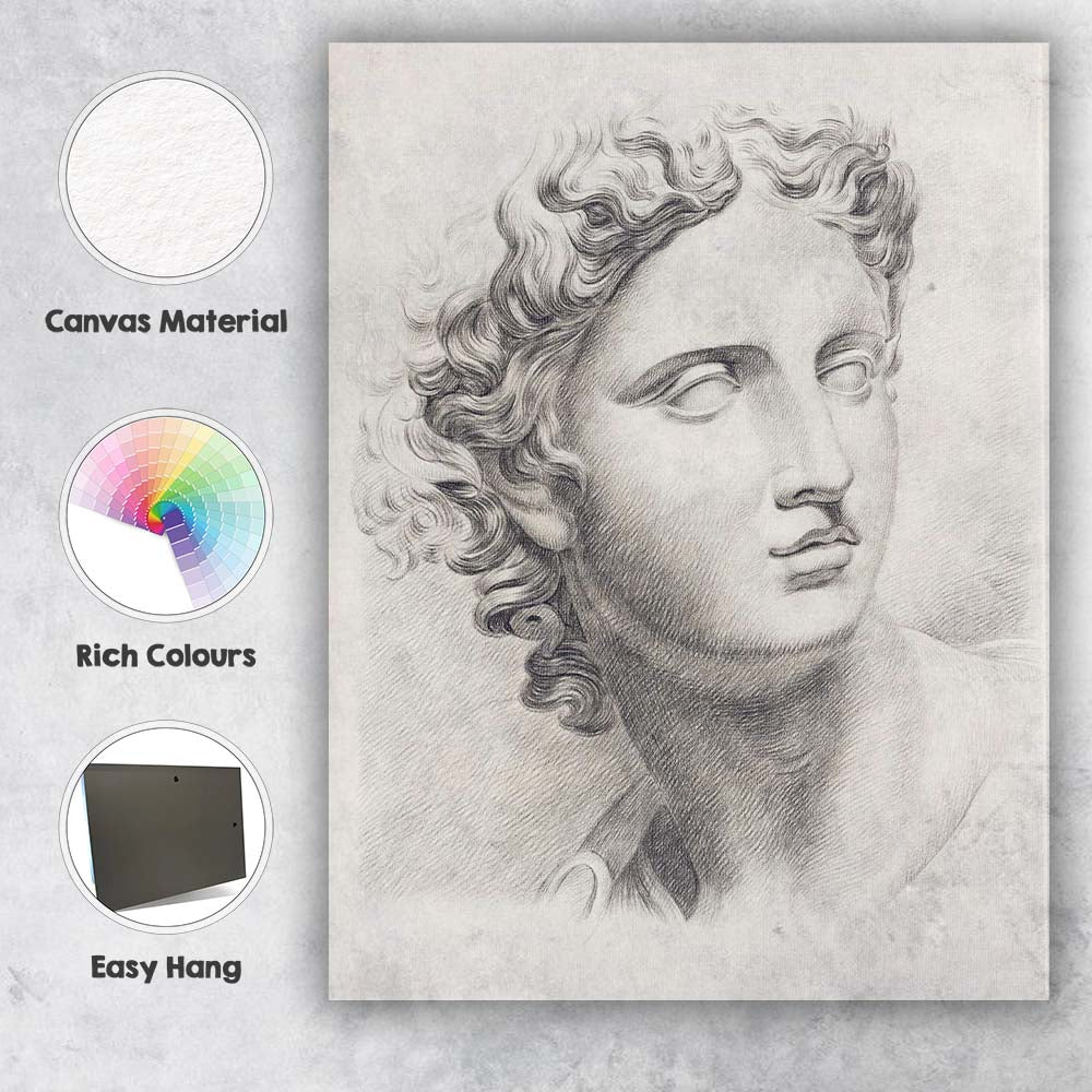 Classical Greek Marble Bust Pencil Sketch Portrait Canvas Wall Art Print Decor Picture Ready to Hang