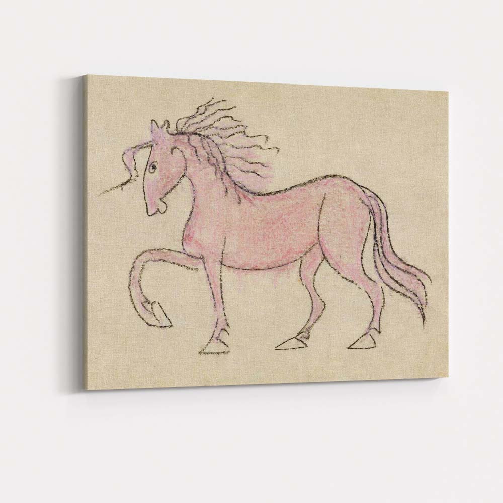 Whimsical Pink Horse Folk Art Illustration Canvas Wall Art Print Decor Picture Ready to Hang