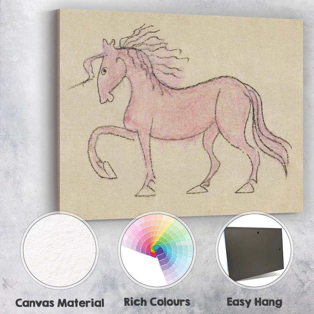 Whimsical Pink Horse Folk Art Illustration Canvas Wall Art Print Decor Picture Ready to Hang