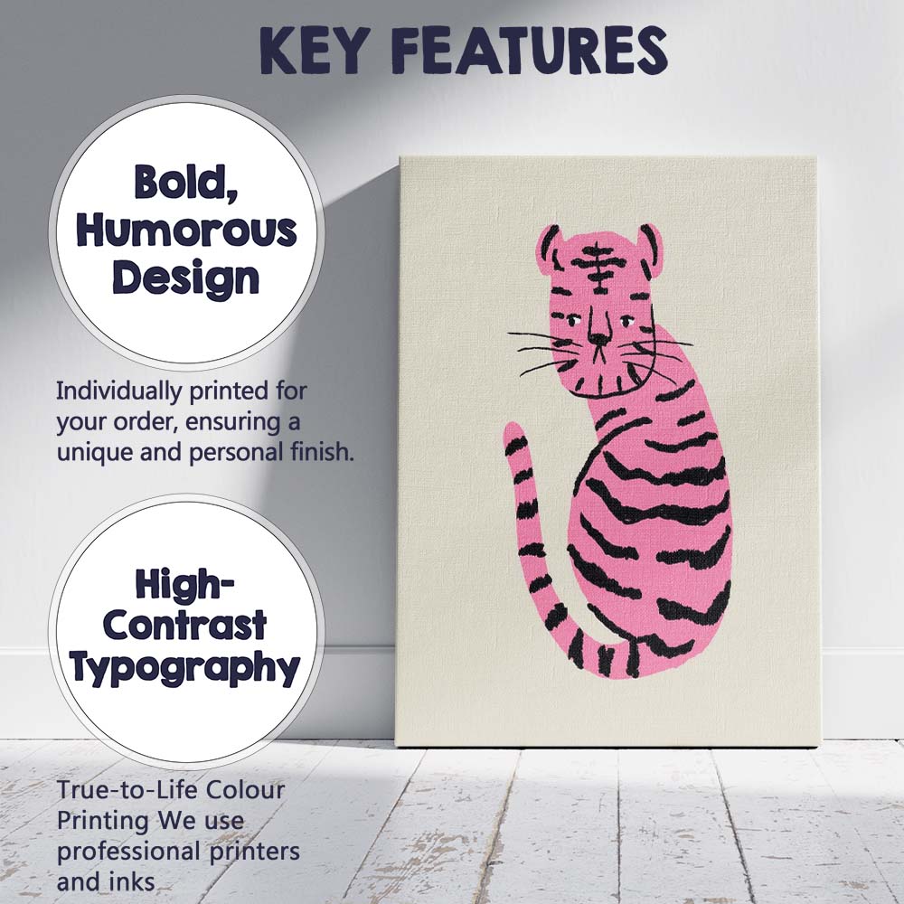 Minimalist Pink Tiger Modern Animal Illustration Canvas Wall Art Print Decor Picture Ready to Hang