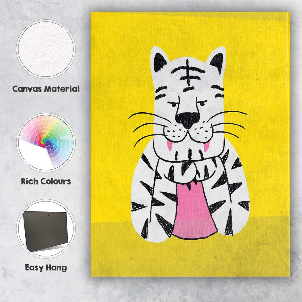 Cute White Tiger Portrait Whimsical Animal Illustration Canvas Wall Art Print Decor Picture Ready to Hang
