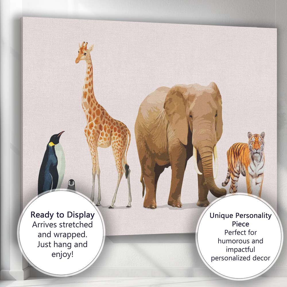 Safari Wildlife Animal Collection Elephant Giraffe Tiger Penguin Illustration Canvas Wall Art Print Decor Picture Ready to Hang