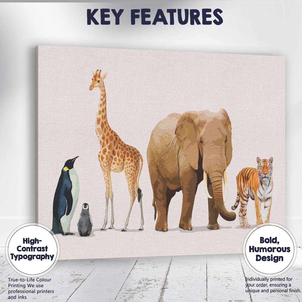 Safari Wildlife Animal Collection Elephant Giraffe Tiger Penguin Illustration Canvas Wall Art Print Decor Picture Ready to Hang