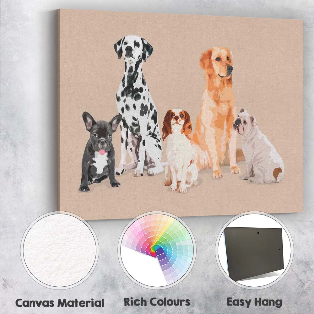 Modern Dog Breeds Group Pet Portrait Illustration Canvas Wall Art Print Decor Picture Ready to Hang