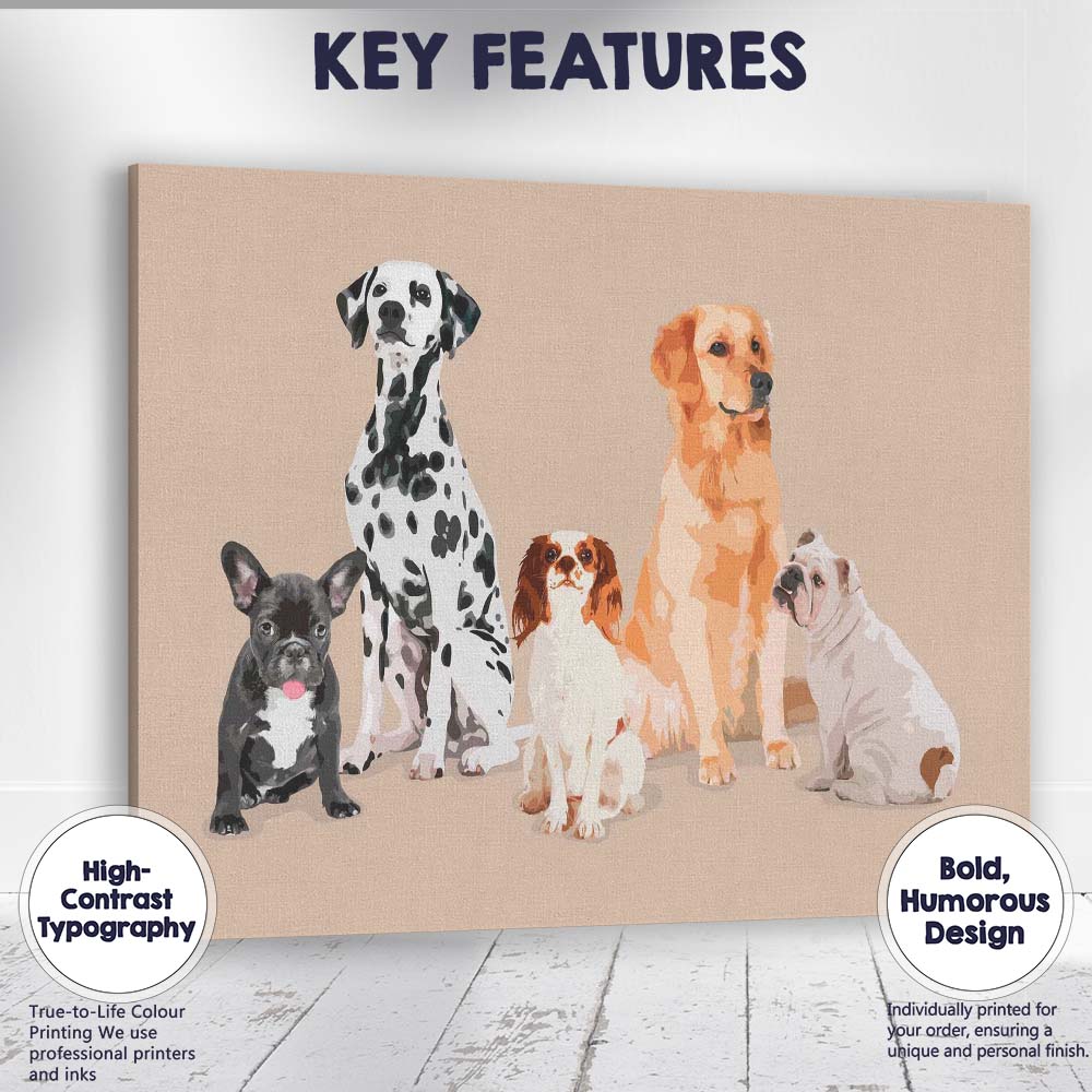 Modern Dog Breeds Group Pet Portrait Illustration Canvas Wall Art Print Decor Picture Ready to Hang