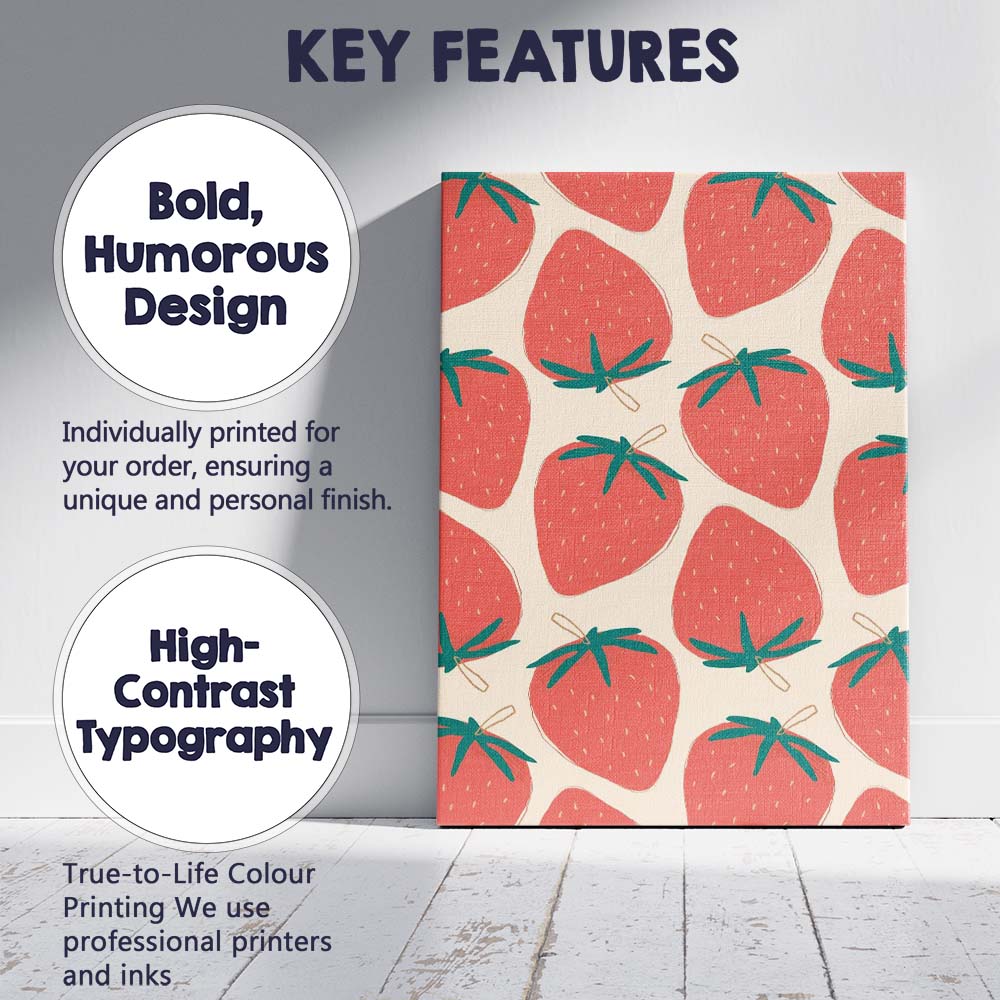 Coral Pink Strawberry Repeat Pattern Scandinavian Fruit Illustration Canvas Wall Art Print Decor Picture Ready to Hang