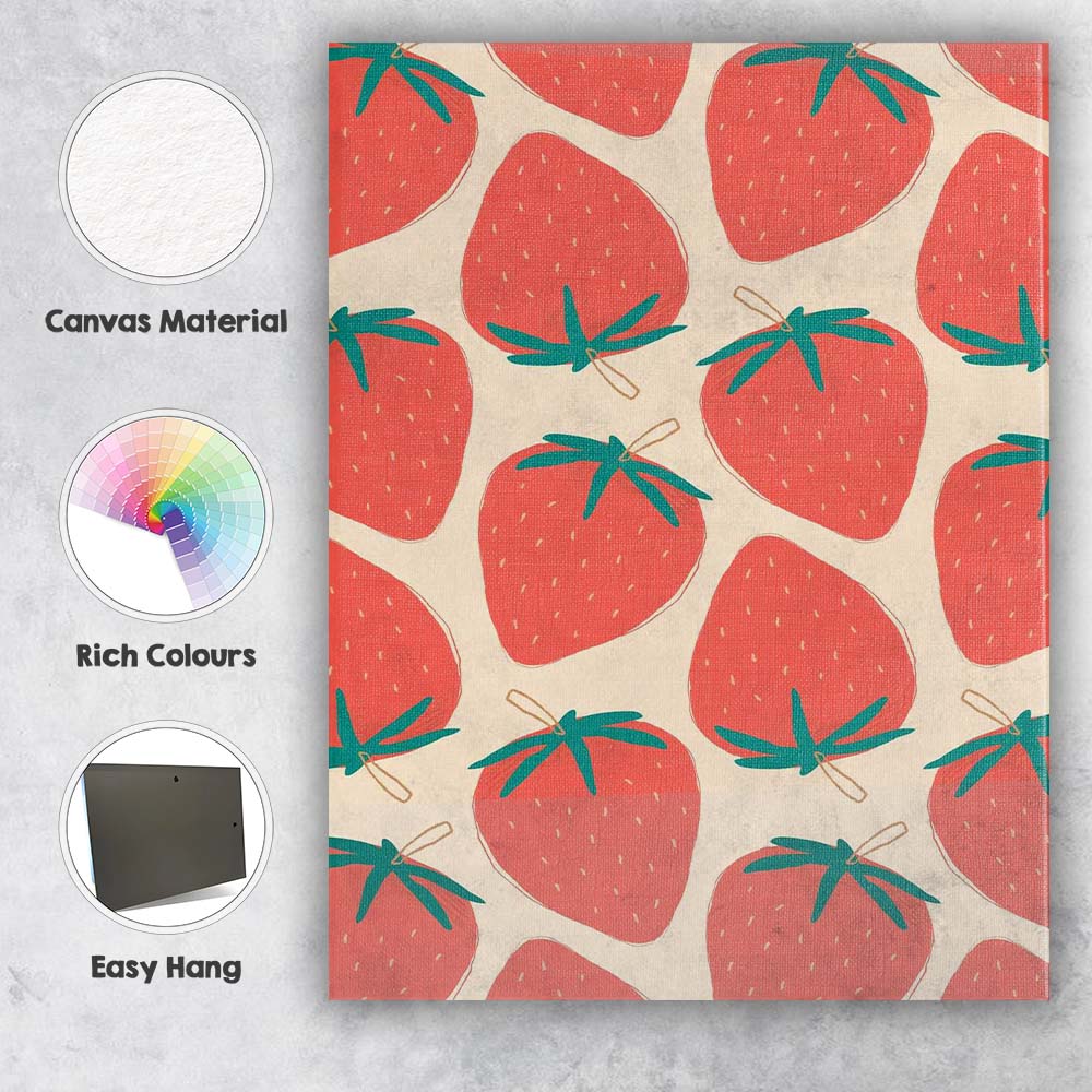 Coral Pink Strawberry Repeat Pattern Scandinavian Fruit Illustration Canvas Wall Art Print Decor Picture Ready to Hang