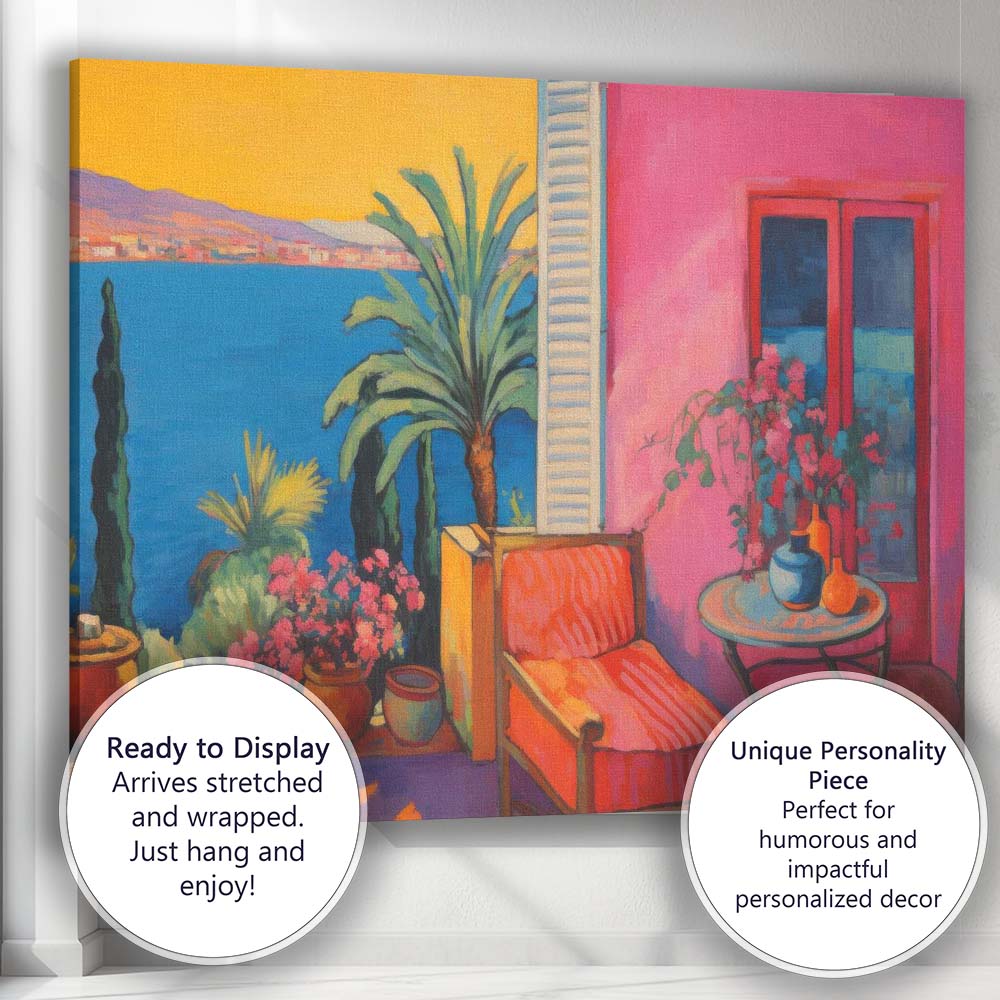 Colourful Mediterranean Coastal Patio Sunset Impressionist Painting Canvas Wall Art Print Decor Picture Ready to Hang