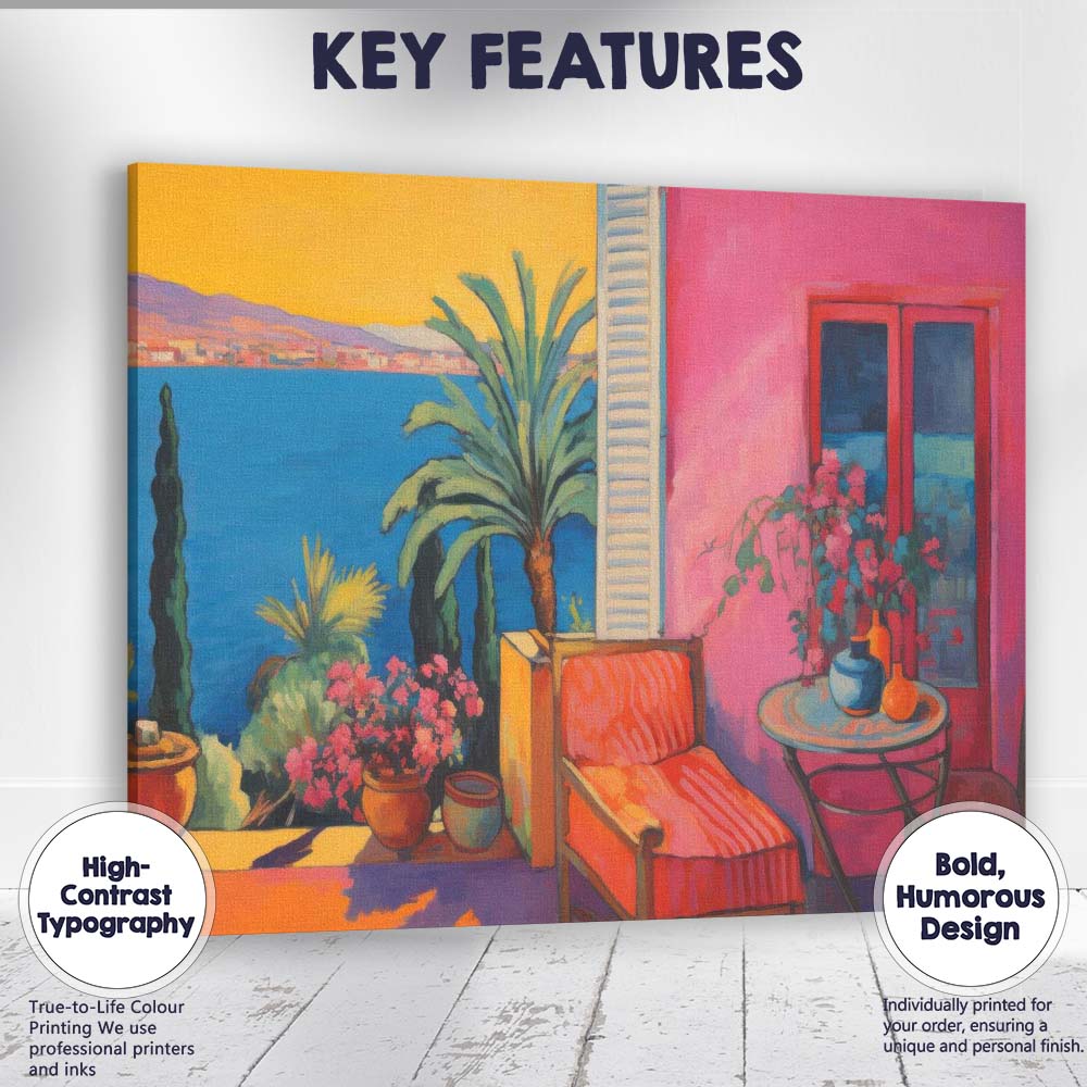 Colourful Mediterranean Coastal Patio Sunset Impressionist Painting Canvas Wall Art Print Decor Picture Ready to Hang