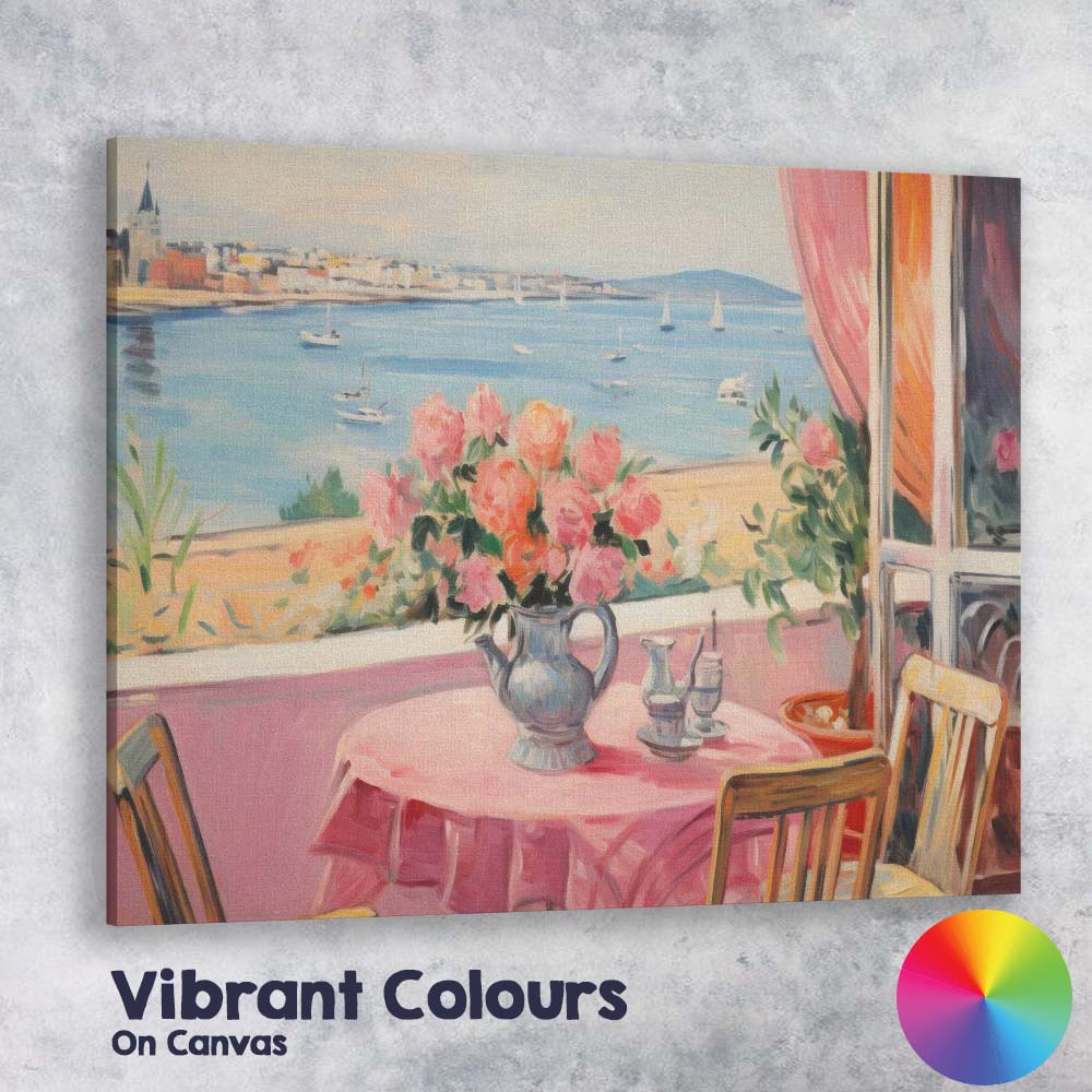 Romantic Coastal Window Sea View Floral Table Impressionist Canvas Wall Art Print Decor Picture Ready to Hang