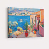Sunny Mediterranean Balcony Sea View Coastal Village Painting Canvas Wall Art Print Decor Picture Ready to Hang