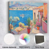 Sunny Mediterranean Balcony Sea View Coastal Village Painting Canvas Wall Art Print Decor Picture Ready to Hang