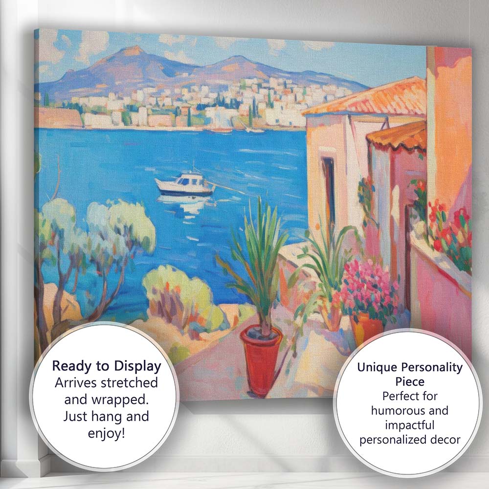 Sunny Mediterranean Balcony Sea View Coastal Village Painting Canvas Wall Art Print Decor Picture Ready to Hang