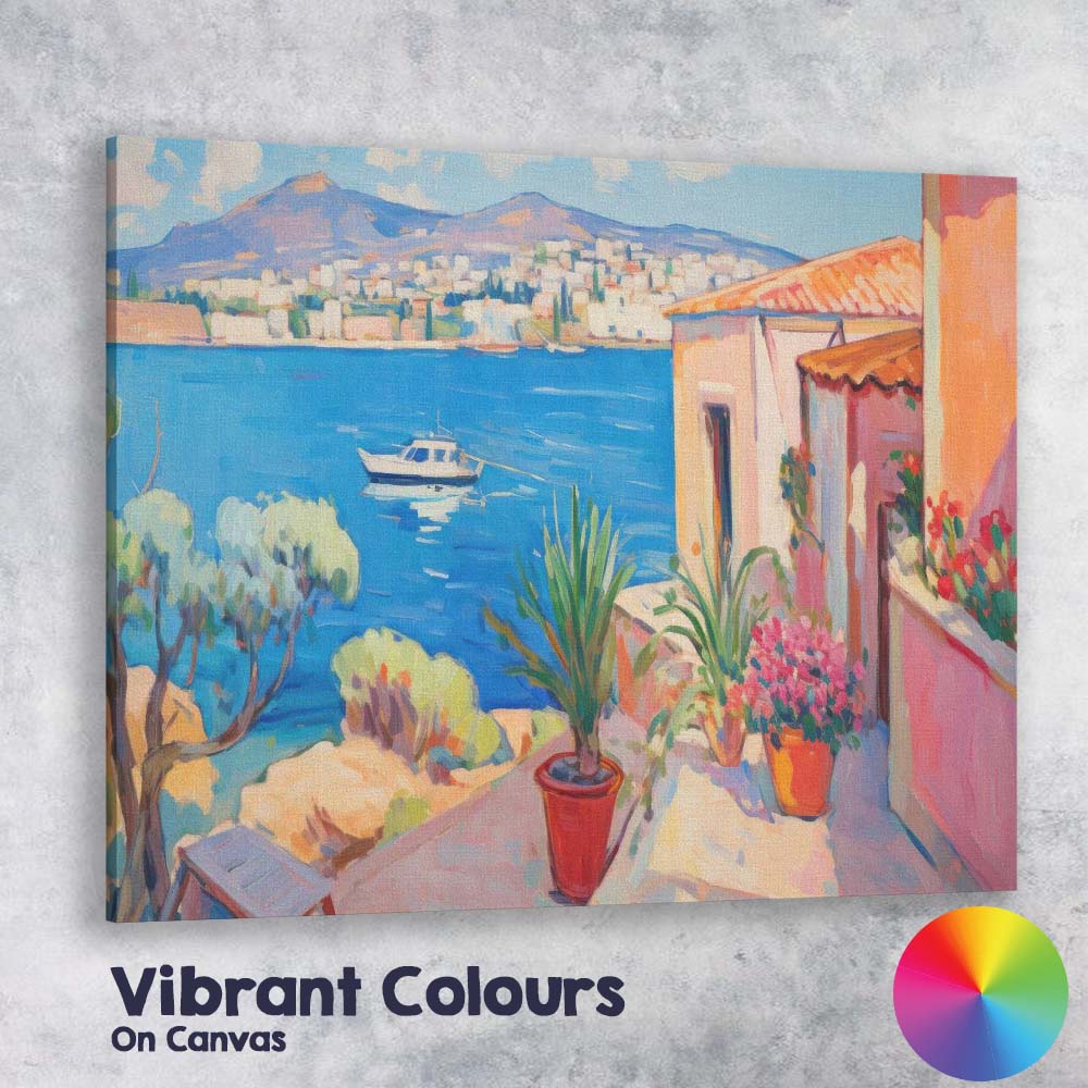 Sunny Mediterranean Balcony Sea View Coastal Village Painting Canvas Wall Art Print Decor Picture Ready to Hang