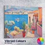 Sunny Mediterranean Balcony Sea View Coastal Village Painting Canvas Wall Art Print Decor Picture Ready to Hang