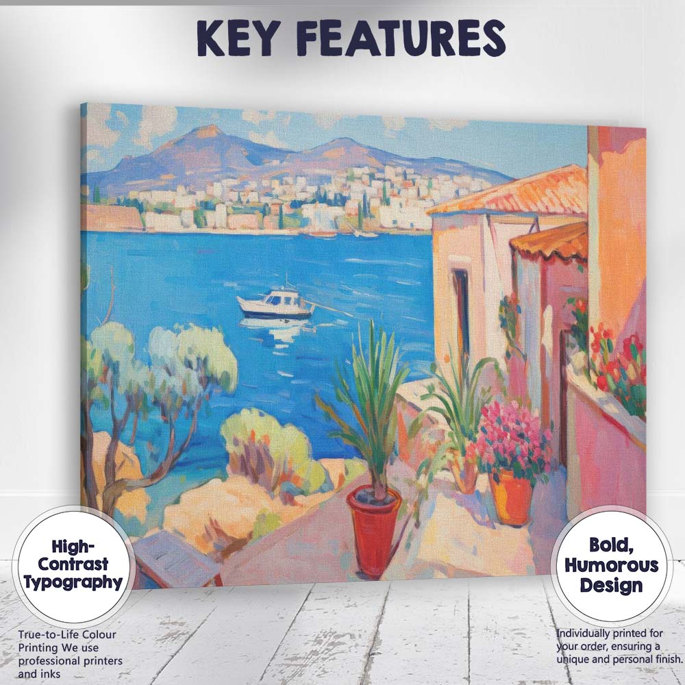 Sunny Mediterranean Balcony Sea View Coastal Village Painting Canvas Wall Art Print Decor Picture Ready to Hang