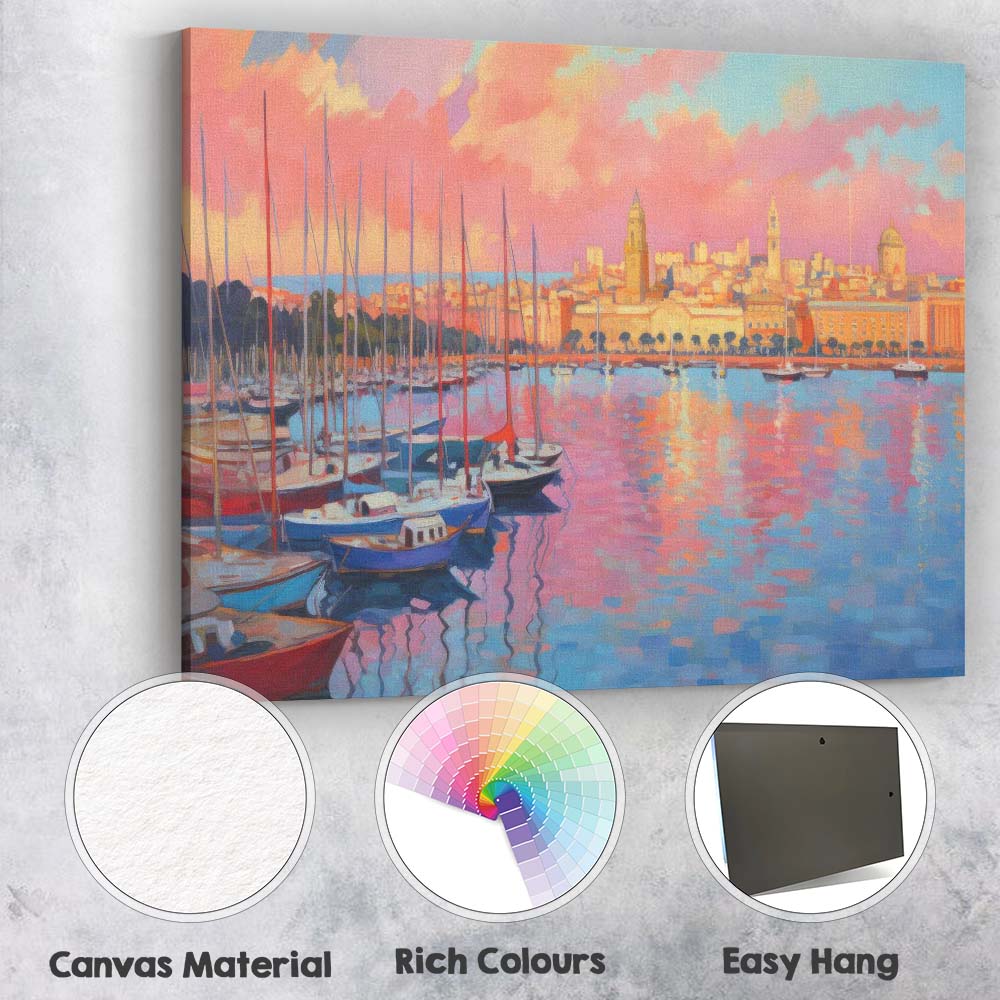 Pastel Harbour Marina Sunset Sailboats Cityscape Impressionist Canvas Wall Art Print Decor Picture Ready to Hang