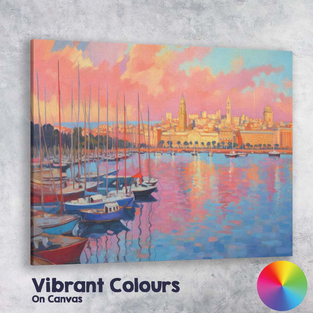 Pastel Harbour Marina Sunset Sailboats Cityscape Impressionist Canvas Wall Art Print Decor Picture Ready to Hang