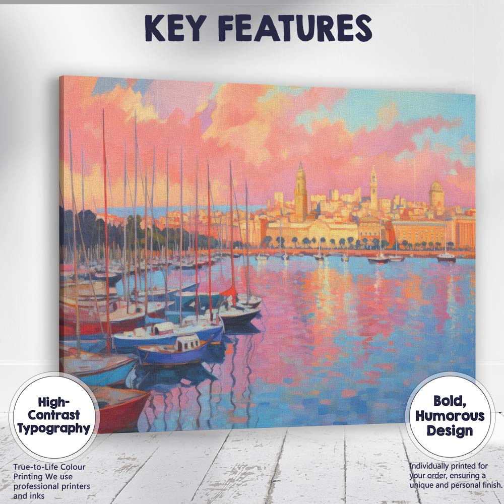 Pastel Harbour Marina Sunset Sailboats Cityscape Impressionist Canvas Wall Art Print Decor Picture Ready to Hang