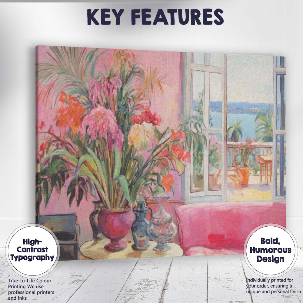 Elegant Pink Interior Tropical Plants Coastal View Impressionist Canvas Wall Art Print Decor Picture Ready to Hang