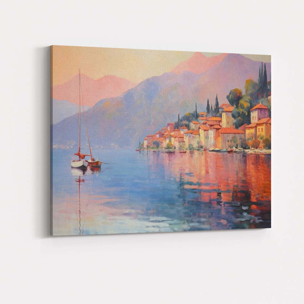 Serene Lakeside Village Sunset Reflection Impressionist Landscape Canvas Wall Art Print Decor Picture Ready to Hang