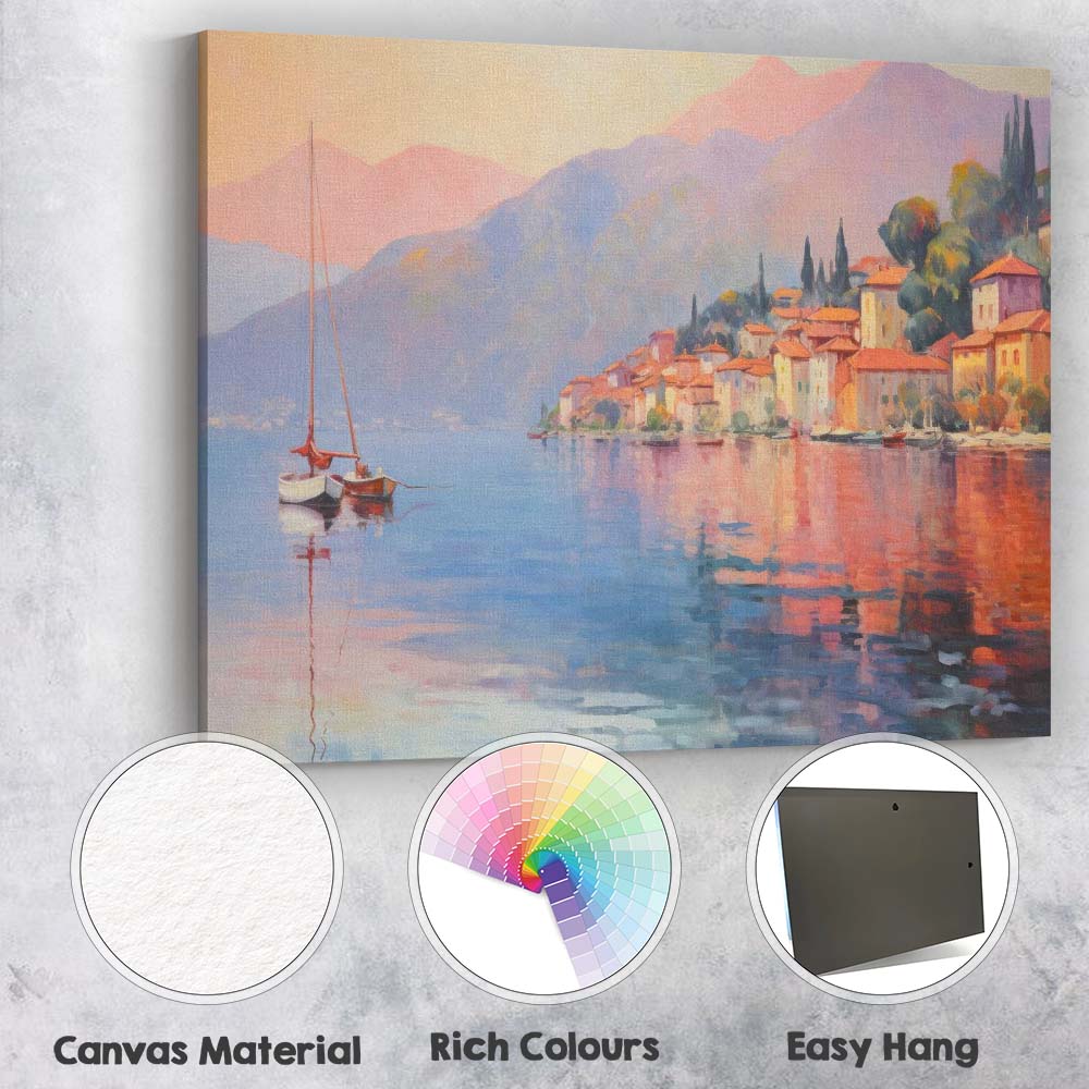 Serene Lakeside Village Sunset Reflection Impressionist Landscape Canvas Wall Art Print Decor Picture Ready to Hang