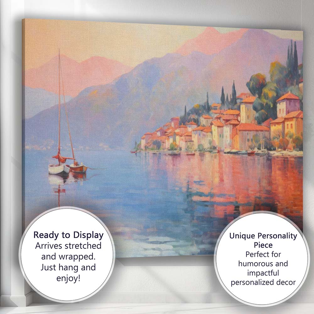 Serene Lakeside Village Sunset Reflection Impressionist Landscape Canvas Wall Art Print Decor Picture Ready to Hang