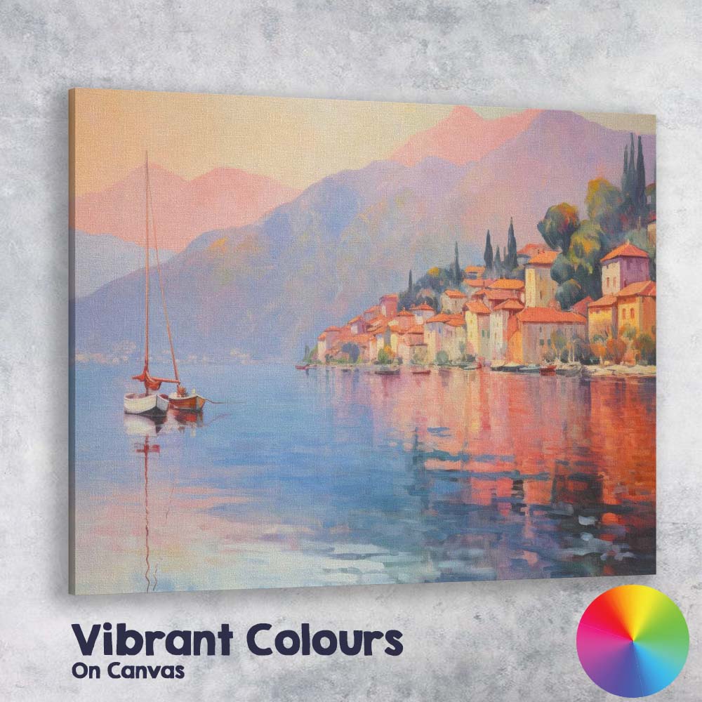 Serene Lakeside Village Sunset Reflection Impressionist Landscape Canvas Wall Art Print Decor Picture Ready to Hang