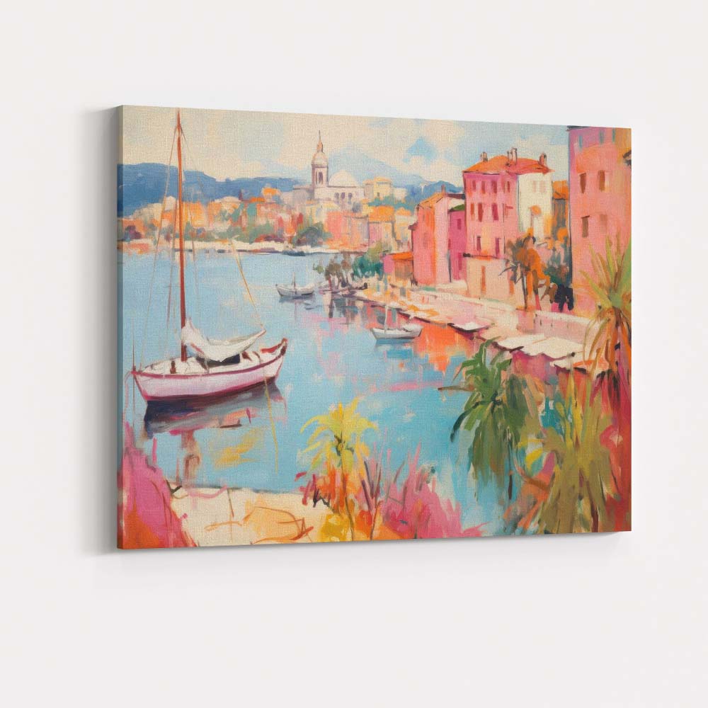 Mediterranean Coastal Harbour Pastel Sailboats Seaside Village Impressionist Canvas Wall Art Print Decor Picture Ready to Hang