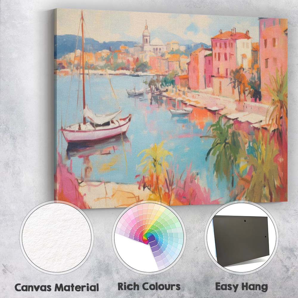 Mediterranean Coastal Harbour Pastel Sailboats Seaside Village Impressionist Canvas Wall Art Print Decor Picture Ready to Hang