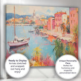 Mediterranean Coastal Harbour Pastel Sailboats Seaside Village Impressionist Canvas Wall Art Print Decor Picture Ready to Hang